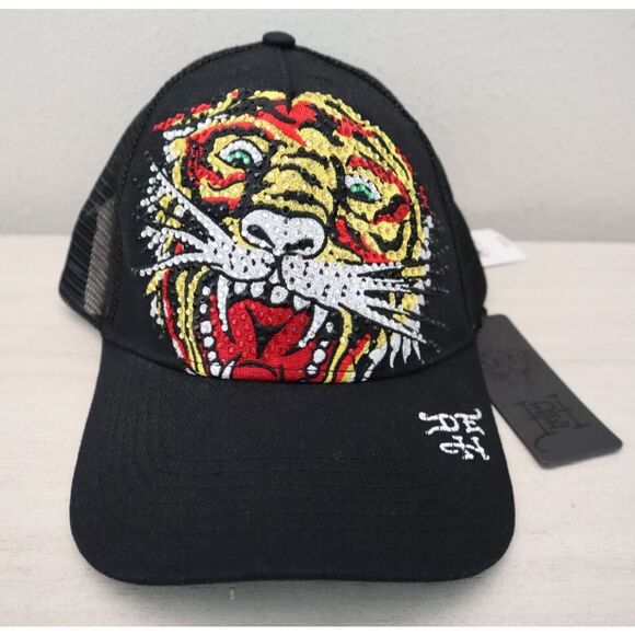 Ed Hardy Men's O/S Black Embroidered Tiger Head Mesh Snapback Trucker Hat - Picture 4 of 10